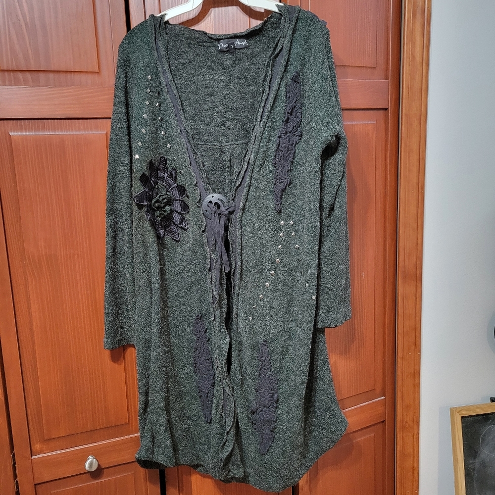 Pretty Angel Boho Floral Artsy Art To Wear Long Duster Cardigan Gray | L
